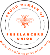 Freelancers union logo with a red bee in the middle of the circle. Around the circle and above the bee it reads "Proud Member Of". Below the bee, in horizontal lettering, it reads "Freelancers Union" in capitalized red letters. Under and outside of the circle has red text that says "www.freelancersunion.org"