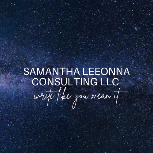 Starry circular background that reads "Samantha Leeonna Consulting LLC" with cursive lettering below that says "write like you mean it" 
